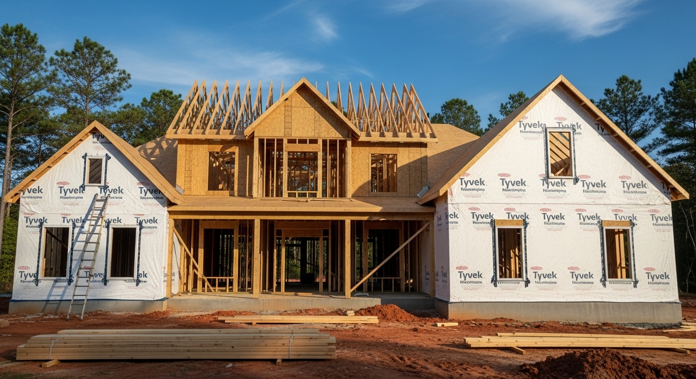 New home under construction with white siding and exposed wood framing on a clear day