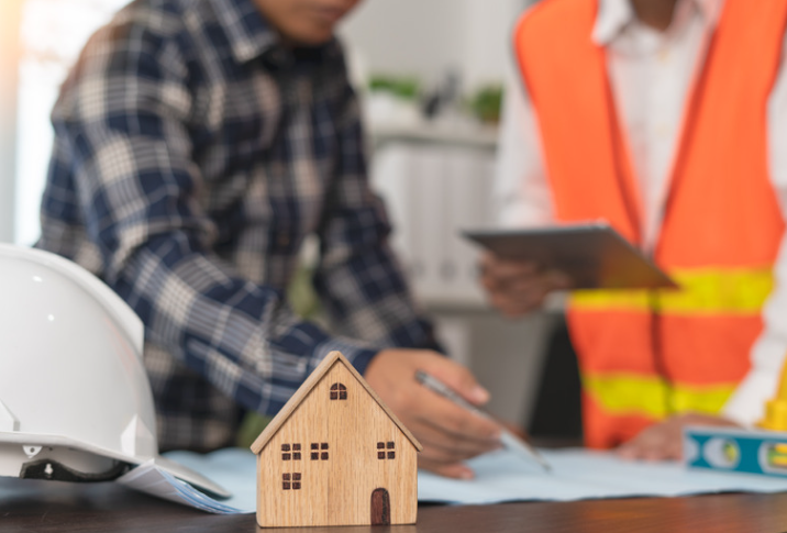 Two construction workers reviewing blueprints, model house on a table. One wears an orange vest.