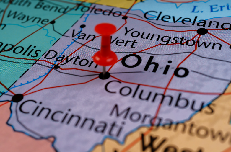 Map of Ohio with a red pin, showing cities like Columbus, Cincinnati, and Cleveland.