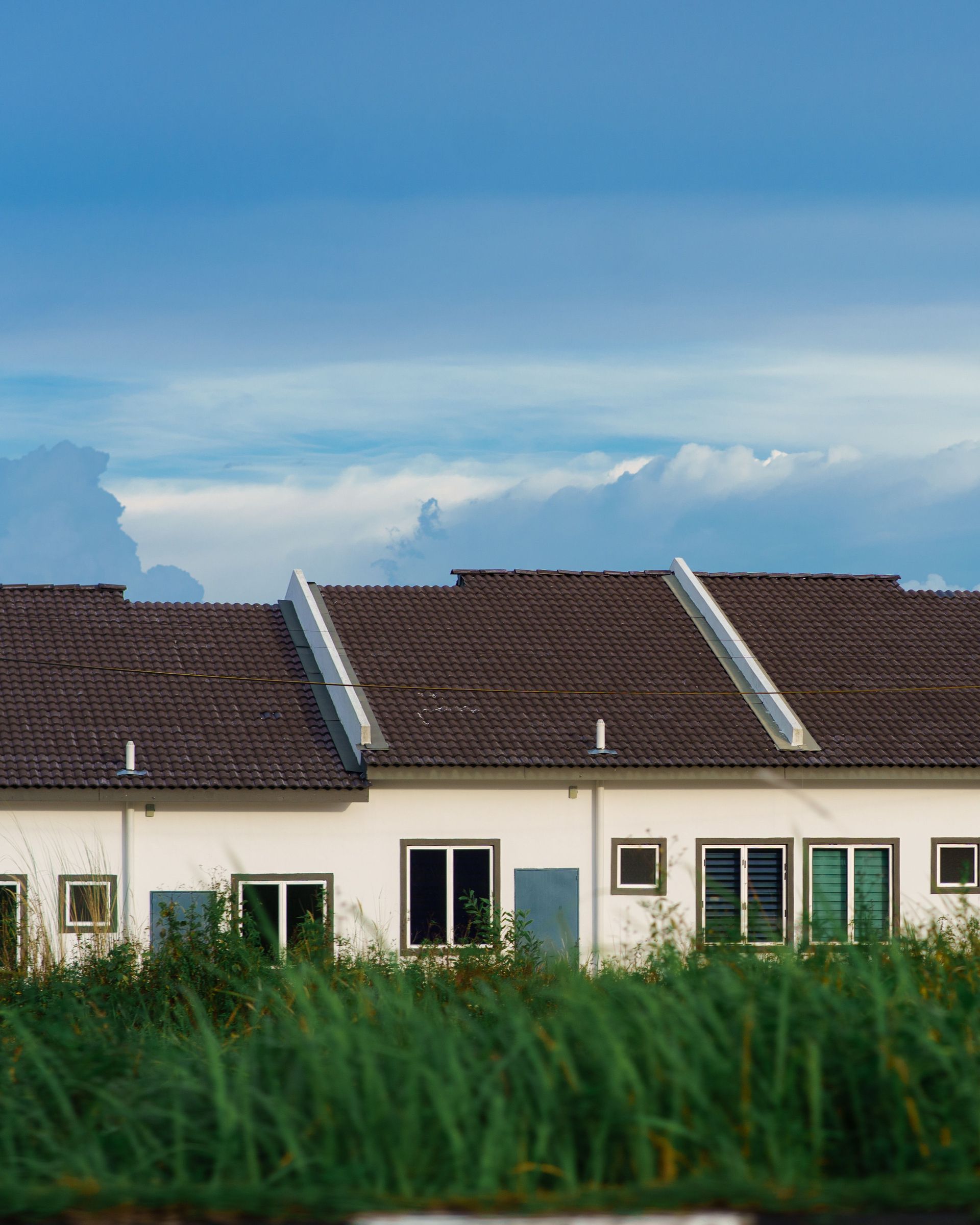 Row of white houses with dark roofs behind tall green grass under a blue sky