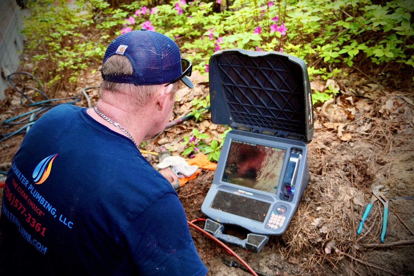 Plumber using a camera to inspect a drain pipe outdoors. Man in blue shirt, watching the monitor.