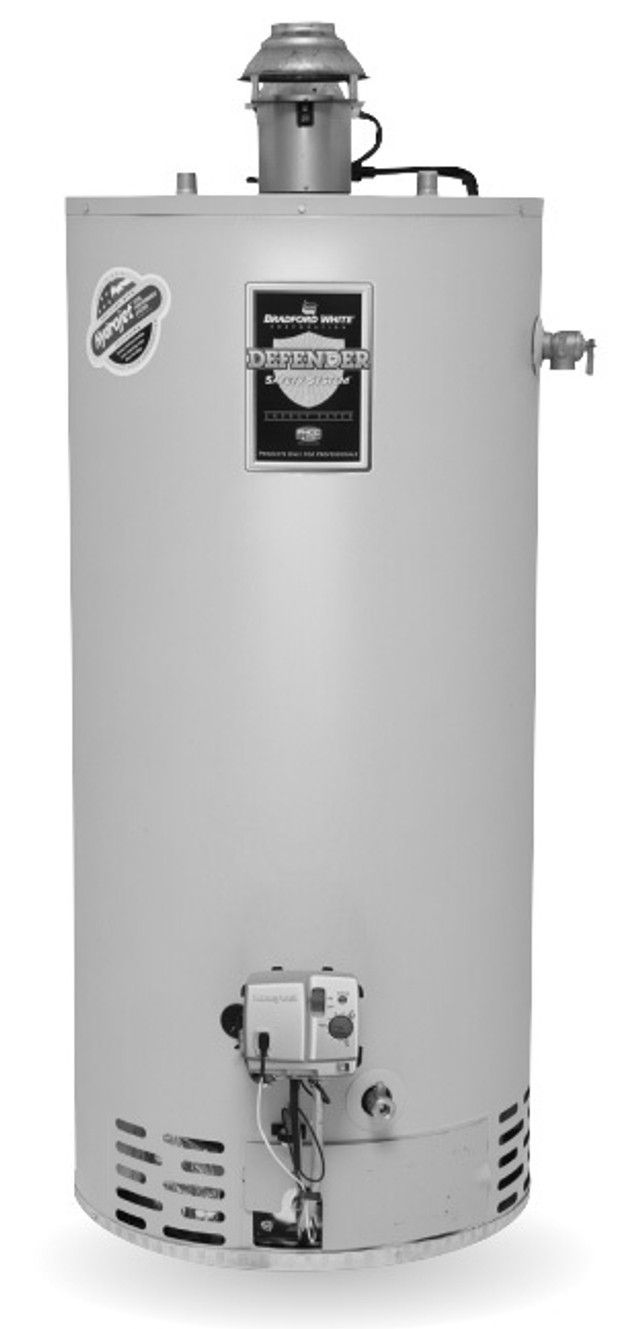 A gas-powered water heater, gray cylinder shape, with vents at the bottom, and a vent at the top.
