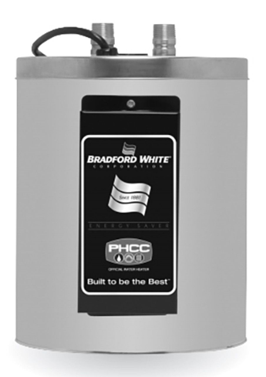 Bradford White electric water heater. Gray cylindrical tank with brand label.