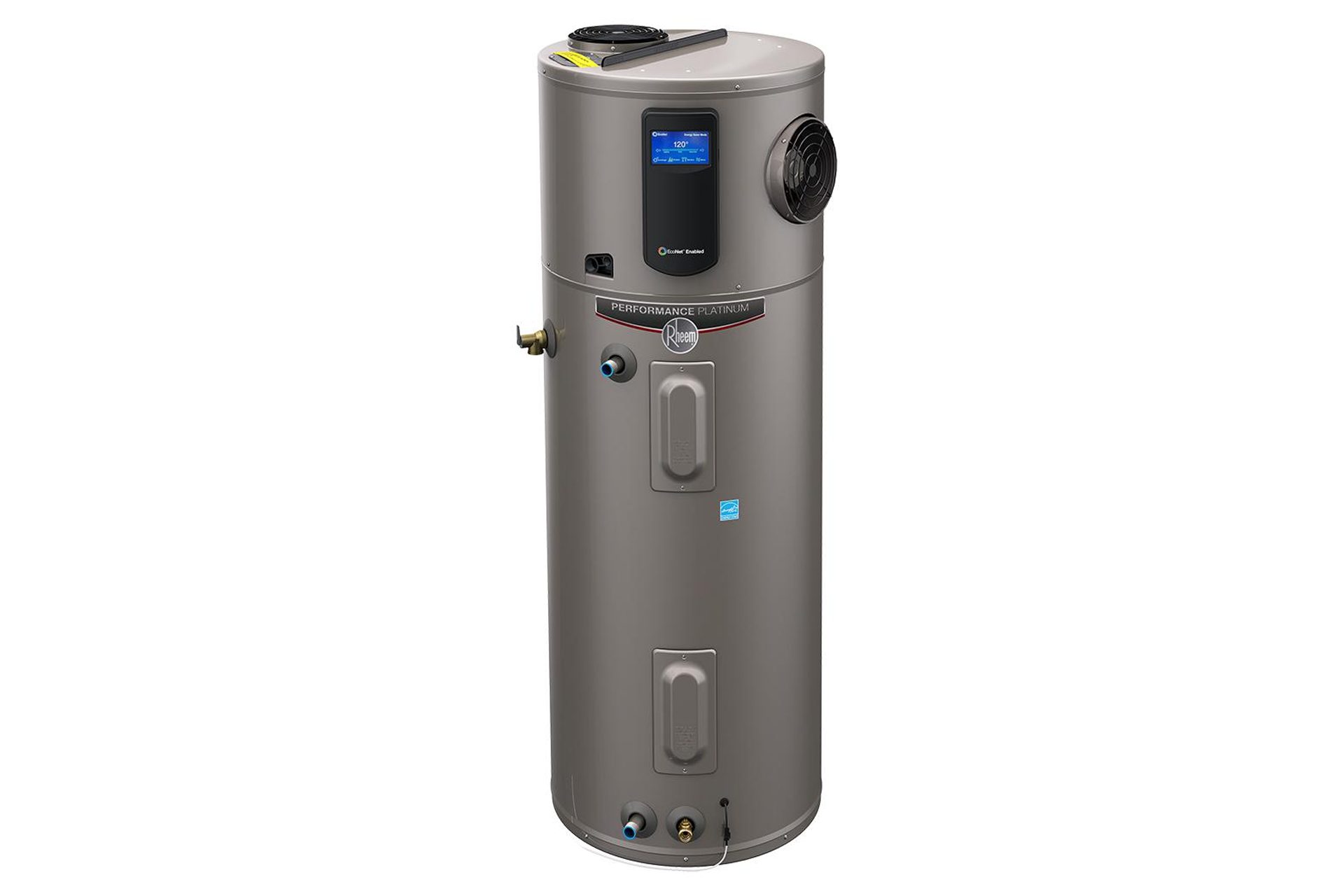 Tall, metallic-gray electric water heater with digital display and vents.