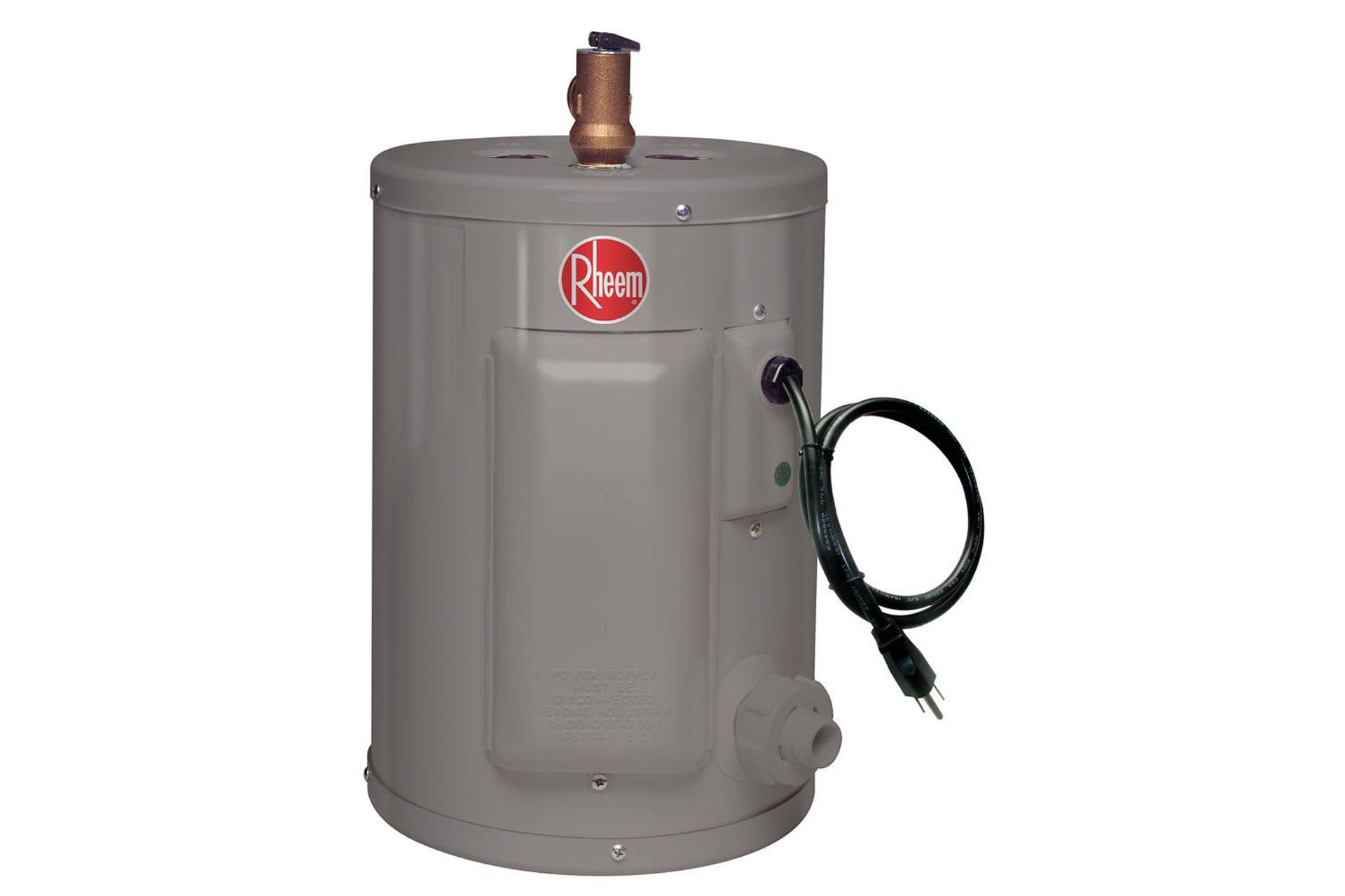 Gray Rheem electric water heater with black power cord.