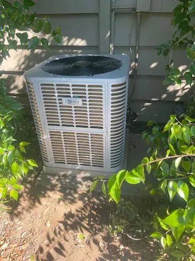 Air conditioner unit surrounded by green foliage on a concrete pad next to a wall.