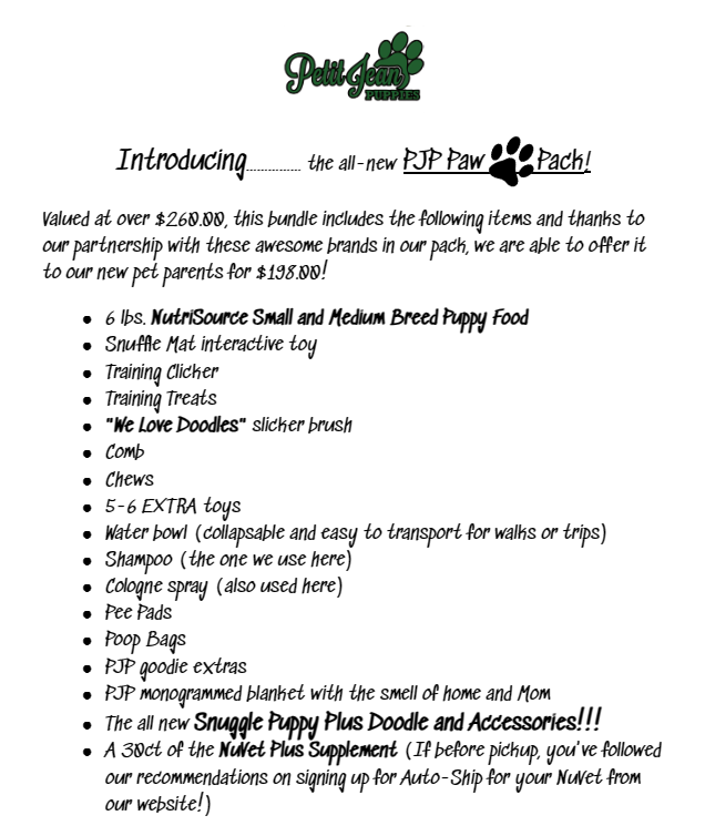 A white sheet of paper with a list of items for a dog.