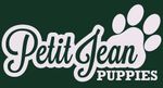 A logo for petit jean puppies with a paw print
