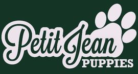 A logo for petit jean puppies with a paw print