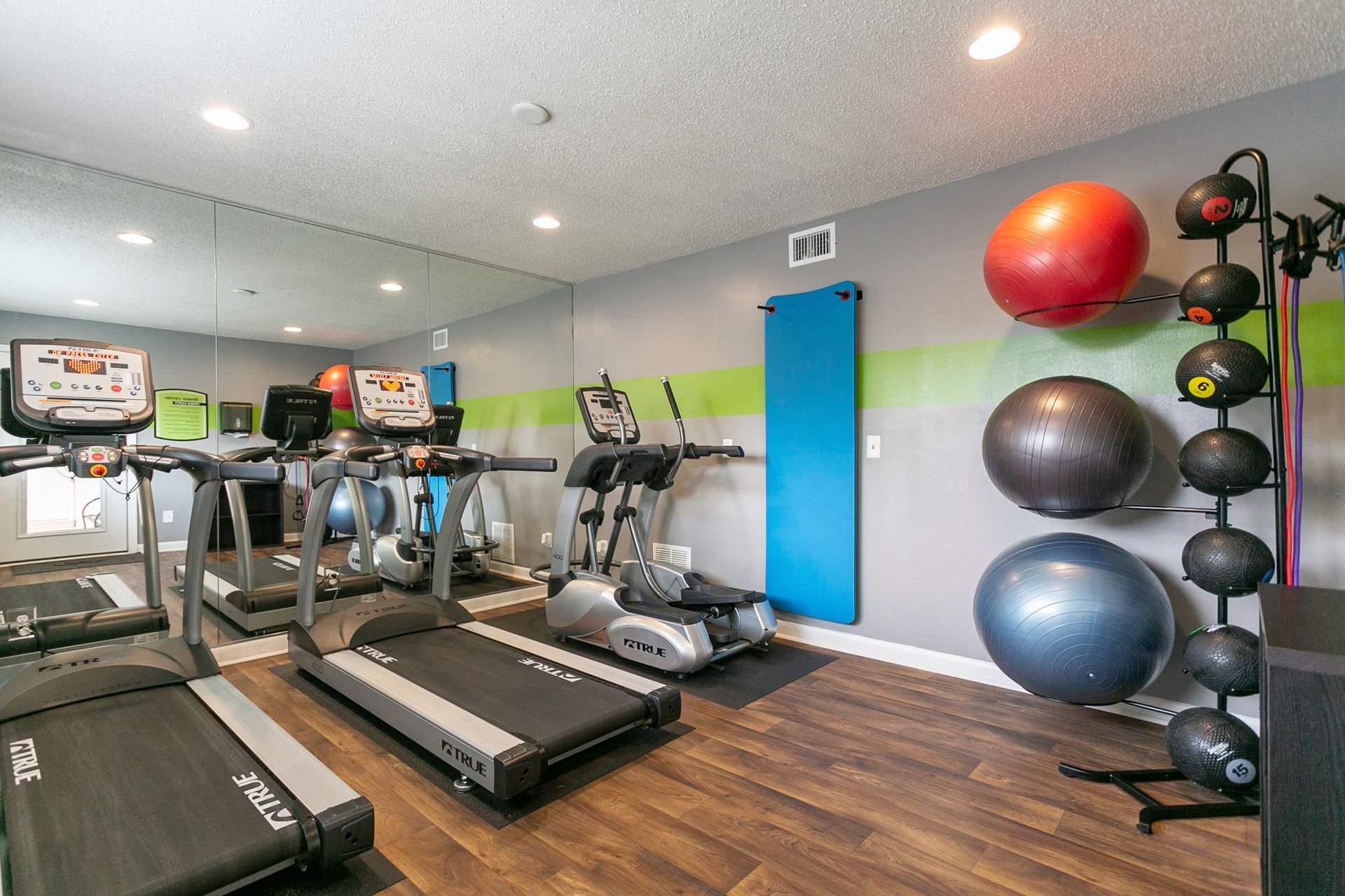 A small gym with two treadmills, an elliptical machine, and a rack holding various sizes of exercise balls.