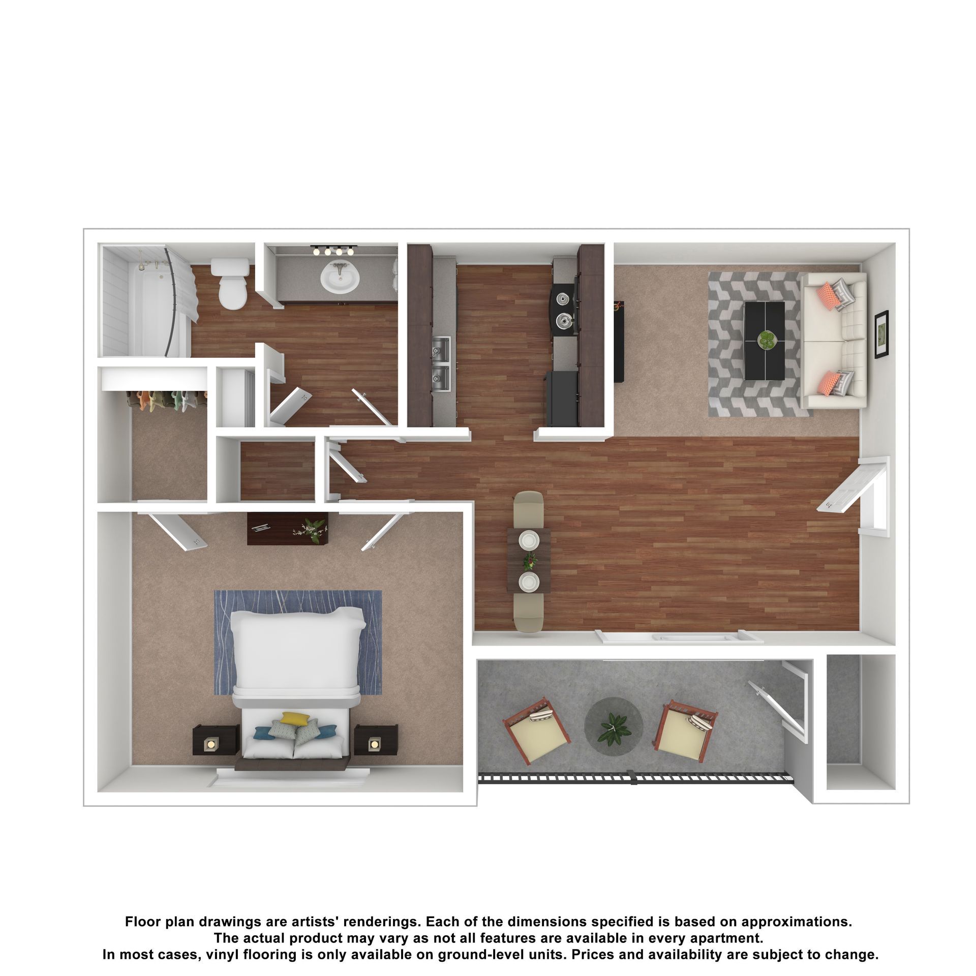 Floor plan for a one-bedroom apartment with a bathroom, kitchen, dining area, living room, and balcony.