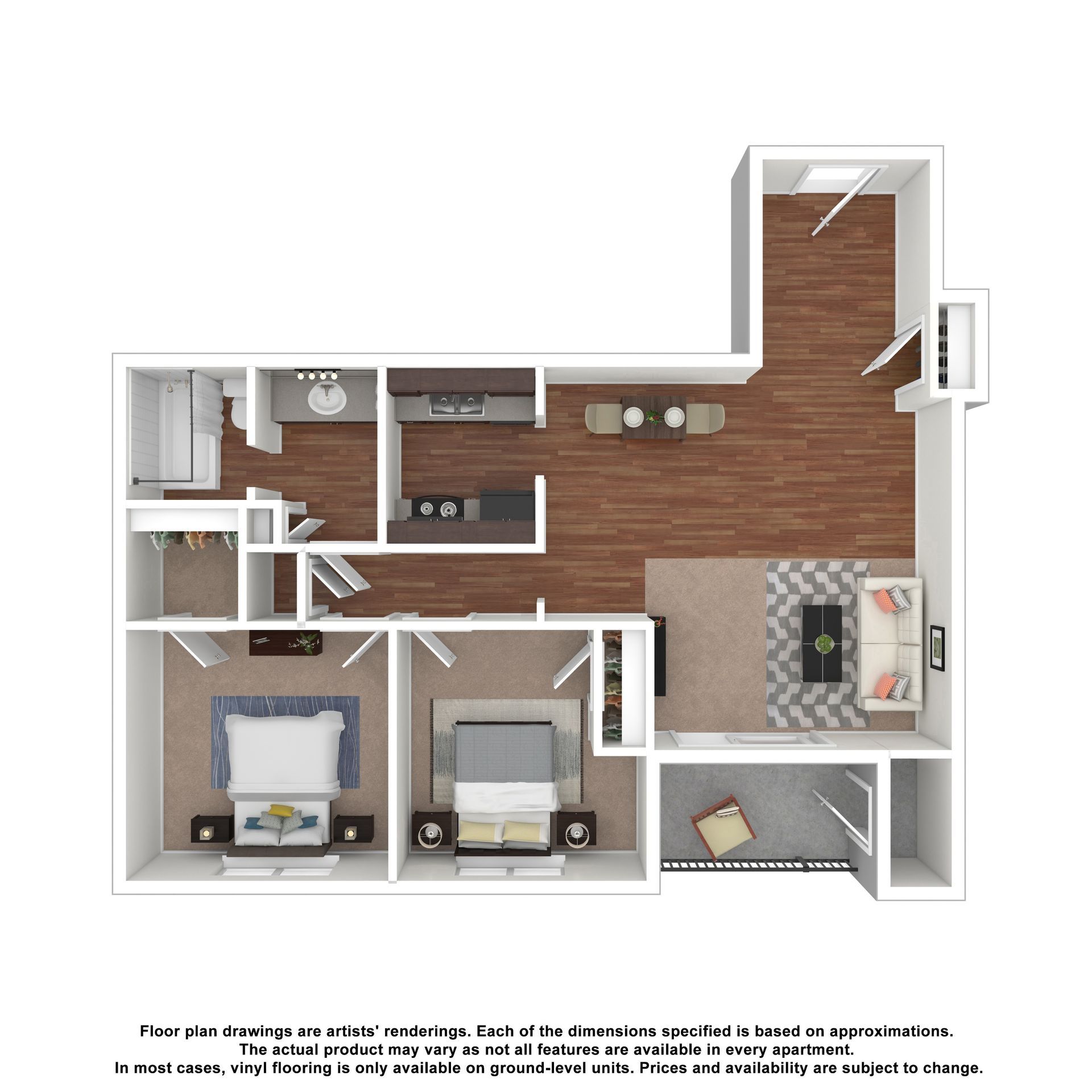 Floor plan of a two-bedroom apartment with a living area, kitchen, bathroom, and balcony.