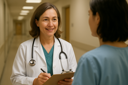 Doctor in white coat with stethoscope talking to a patient in a hospital hallway, holding a clipboard.