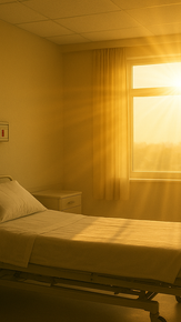 Sunlit hospital room with an empty bed beside a bright window and sheer curtains