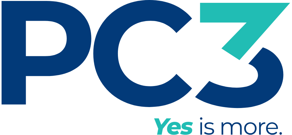 PC3 logo in blue and teal with the slogan “Yes is more.”