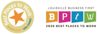 Round “Places to Work” award badge with gold star and Louisville Business First logo in orange and blue.