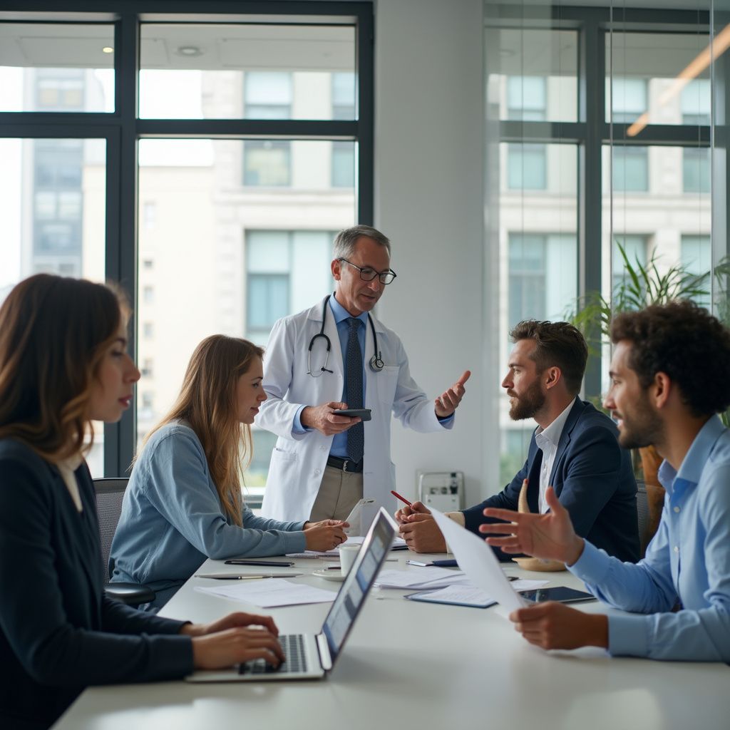 Team meeting in a bright office, with a doctor presenting to colleagues around a conference table.