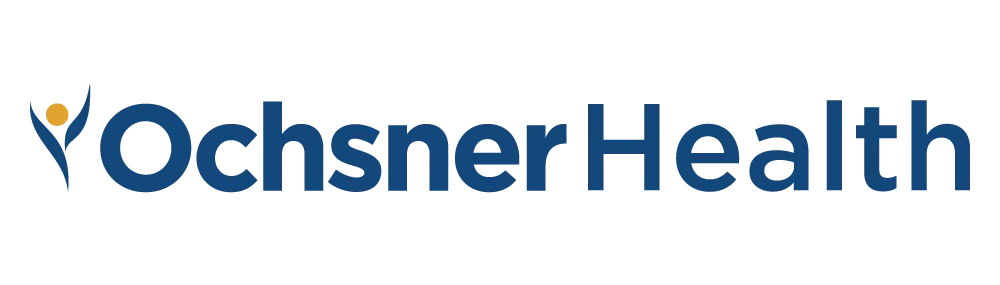 Ochsner Health logo in blue text with a small gold-and-blue icon on a white background