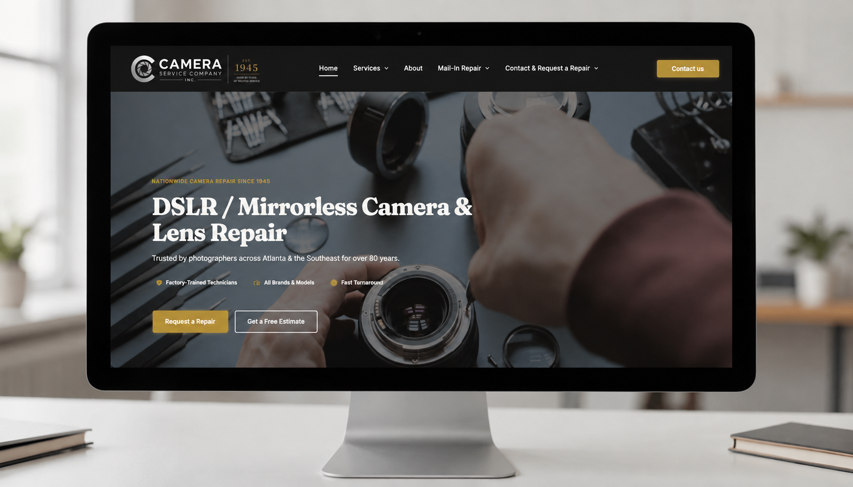 Camera Service Pro website screenshot on desktop monitor