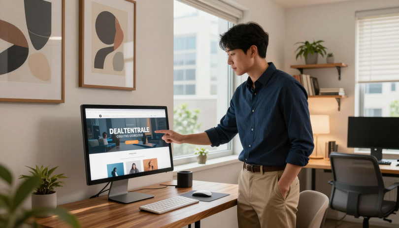 Korean Web Design Georgia team member reviewing a website in a modern Atlanta office