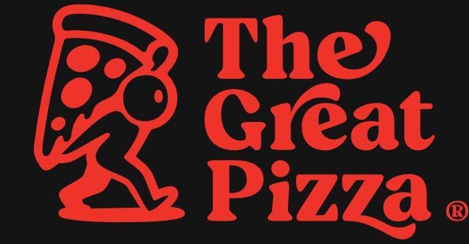Il logo di Great Pizza con una fetta di pizza rossa in stile cartone animato su sfondo nero.
