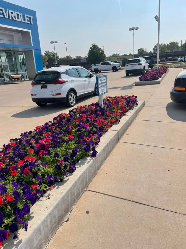 White Chevrolet car parked near a flower bed at a Chevrolet dealership.