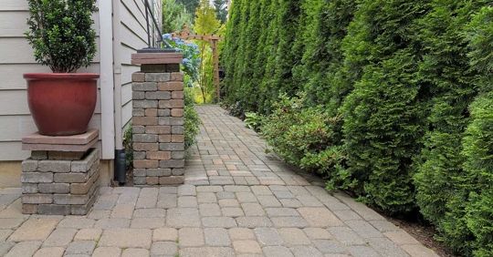 Stone path between a tall green hedge and a white building with a brick pillar and large red pot.