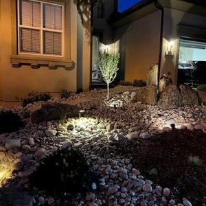 Nighttime view of a house with landscape lighting illuminating rocks, plants, and a tree.