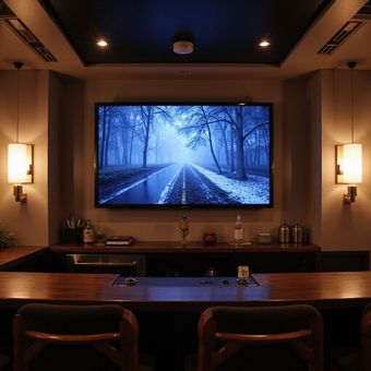 Cozy home theater bar with a large TV showing a snowy forest road scene