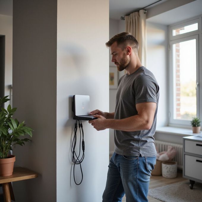 Man mounting a white wall device and organizing hanging cables in a bright room