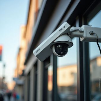 White security camera mounted on a building exterior, angled over a street.