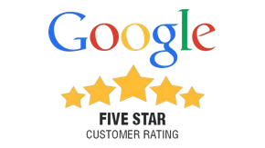 Google logo above five gold stars and “Five Star Customer Rating” text