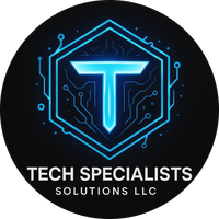 Tech Specialists Solutions LLC logo with glowing blue T in a hexagon on a black background