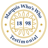 Gold Marquis Who's Who Testimonial seal with book, stars, and 