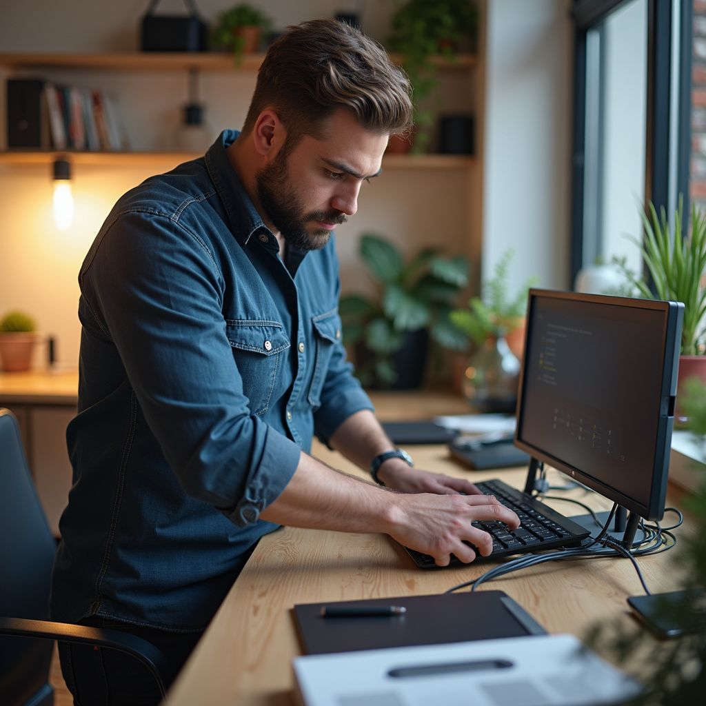 Person typing at a desk in a home office beside a computer monitor, with plants and warm lighting.
