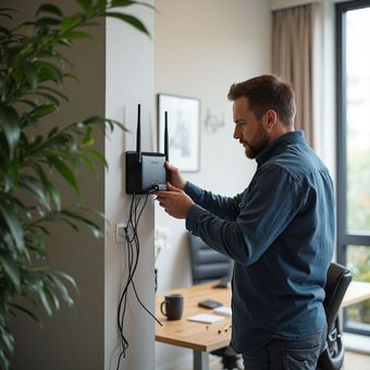 Man adjusting a wall-mounted device in a bright home office beside a desk and plant