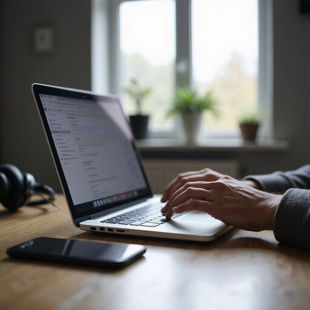 Hands typing on a laptop at a wooden desk beside a smartphone, with a window and plants in the background