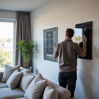 Person adjusting a wall-mounted smart display in a bright living room with a sofa and curtains.