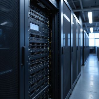 Row of server racks in a dimly lit data center corridor