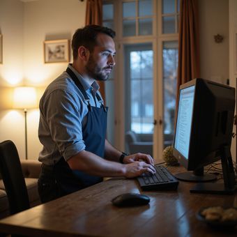 Man working at a desktop computer in a warmly lit home office at night