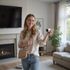 Woman smiling in a living room, holding a small device, with TV, fireplace, sofa, and plant nearby