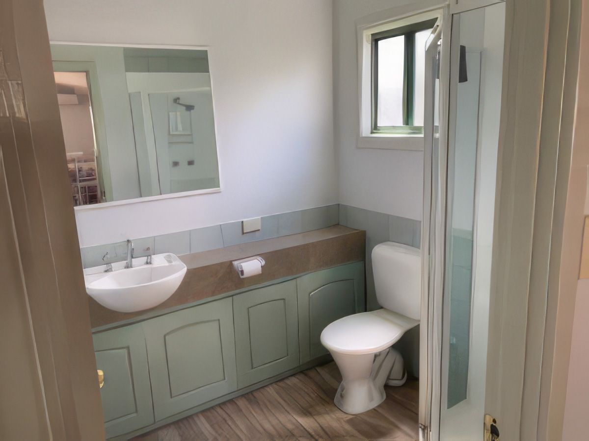 Modern bathroom with sink, mirror, toilet, shower, and green vanity cabinets