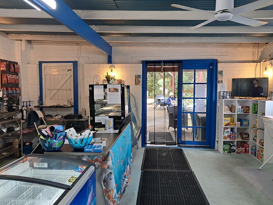 Ice cream shop interior with freezer cases, counter, and blue-framed entrance to outdoor seating area