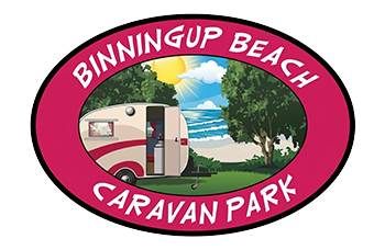 Binningup Beach Caravan Park logo with caravan, beach scene, and trees on pink oval background