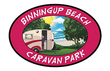 Binningup Beach Caravan Park logo with caravan, beach scene, and trees on pink oval background