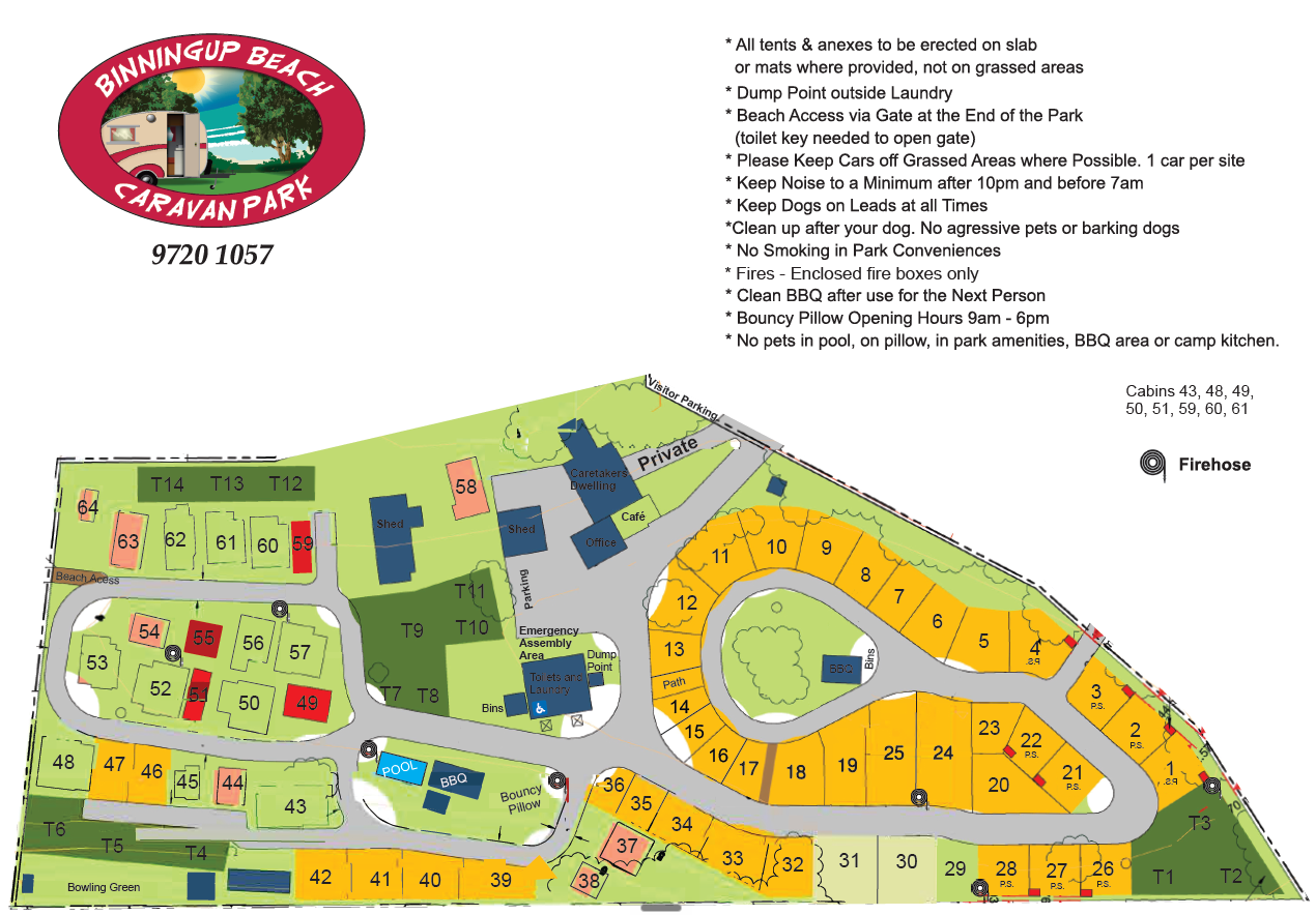 Color-coded campus map with roads, buildings, green areas, and a legend in the upper right