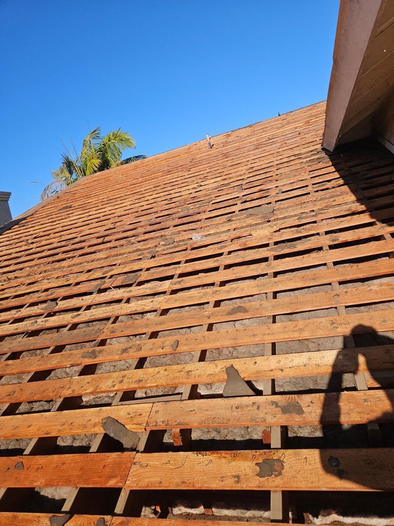 Low-angle view of a slatted roof under a blue sky, with a shadow in the foreground