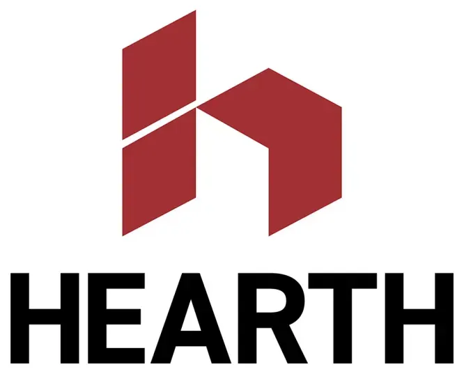 Red geometric house logo above the word “HEARTH” in black on a white background
