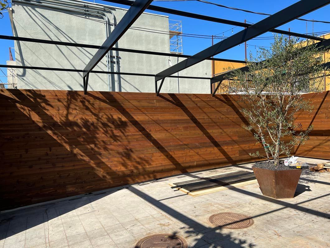 Modern rooftop patio with wood wall, black pergola beams, and a potted tree in sunlight