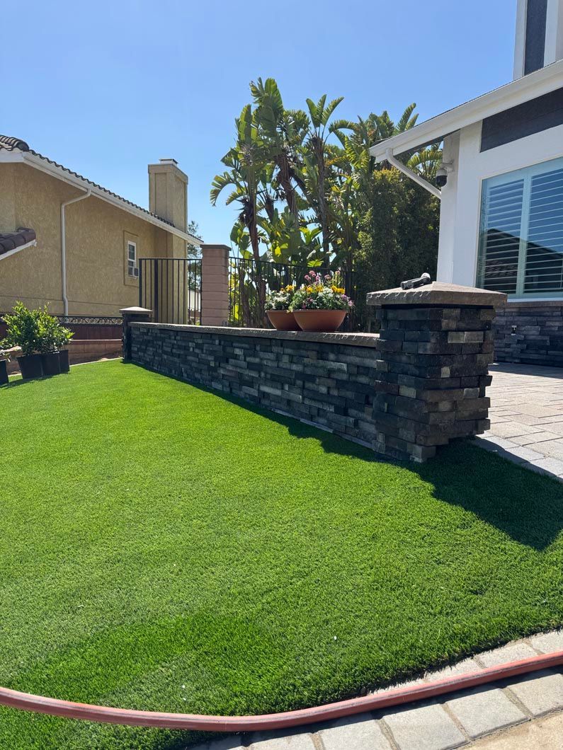 Suburban front yard with bright green lawn, stone retaining wall, and potted plants in sunlight